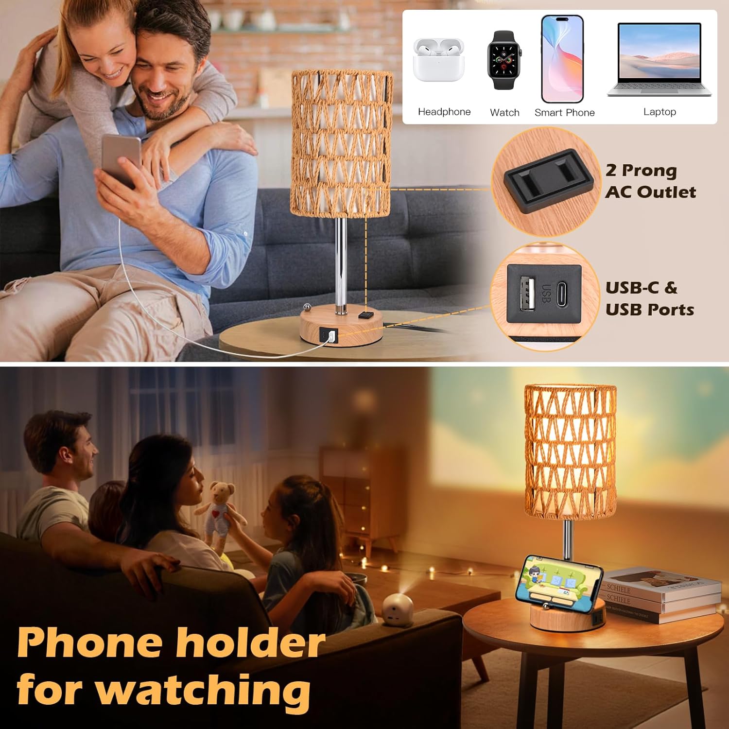 Rattan Table Lamps for Living Room, 3 Way Dimmable Touch Lamps, Small Bedside Lamps with LED Bulbs, Phone Stand, USB Ports and AC Outlet, Boho Nightstand Lamp for Bedroom Office (2 Pack Faux Wood)