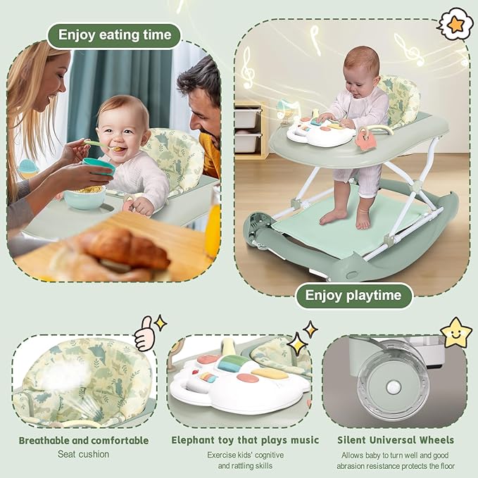 5 in 1 Foldable Baby Walker,Activity Baby Walker-Baby Bouncer,Rocker,Activity Center,Seat and Push Walker,Detachable Footrest Mat,Adjustable Speed Rear Wheels and Height,Ages 6-18 Months (Light Green)