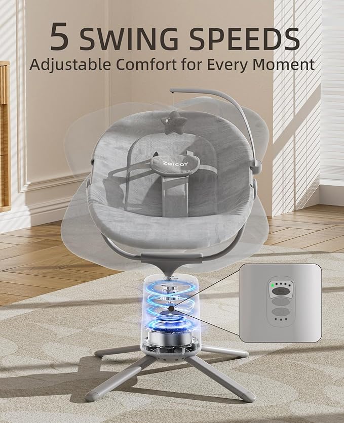 Zoicay Lightweight Baby Swing for Infant with 3 Modes & 5 Speeds, BT Enabled App & Remote Control Electric Swing – 6 Lullabies and 3 Timer Settings, 2 Seat Positions and 5-Point Harness Compact Swing