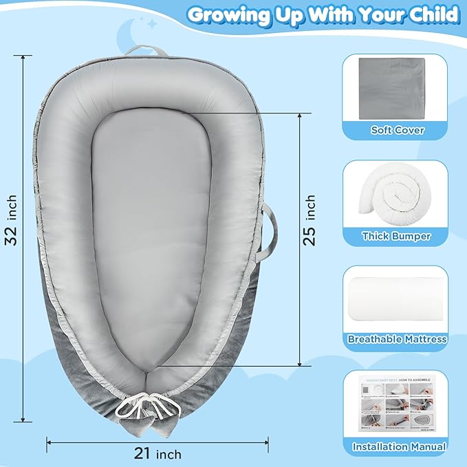 Baby Lounger - Baby Lounger for Newborn 0-24 Months, Breathable & Soft Cotton and Velvet Cover Baby Nest, Portable Tummy Time Lounger for Home and Travel, Ideal Baby Essentials & Shower Gifts