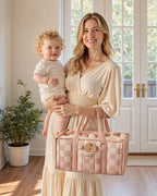 Blissful Diary Checkered Diaper Caddy Organizer, Stylish Nursery Storage Basket, Gift for Baby Shower, Newborn Essentials, Registry Search Must Haves, Pink