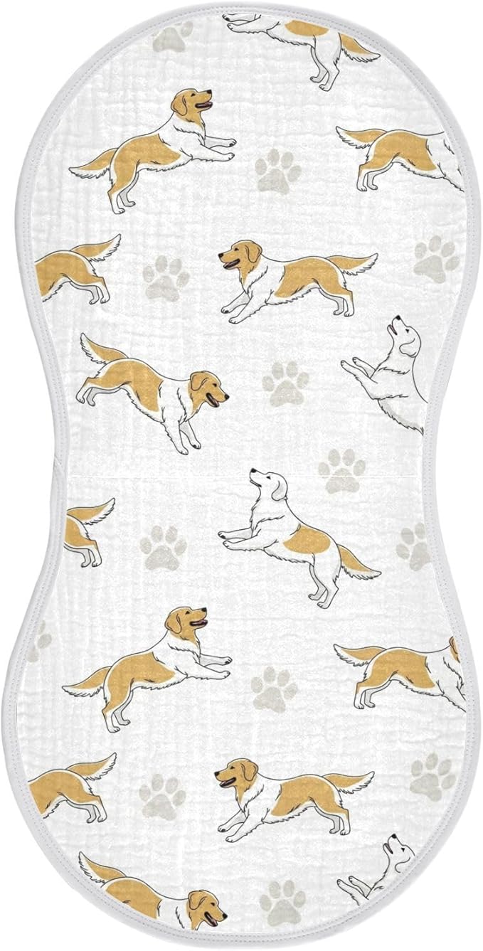 1 Pack Muslin Burp Cloths Golden Dogs Paw Prints White Cotton Baby Burp Cloths Ultra Absorbent and Soft Burping Cloth for Newborn Boys Girls 22x11 Inch