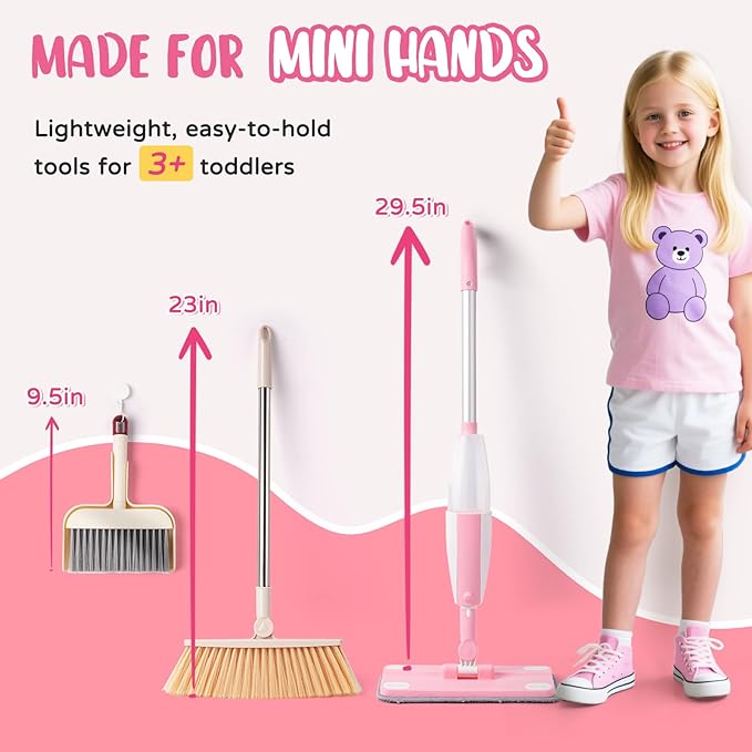 Kids Cleaning Toy Set,Pink Mini Spray Mop Montessori Toys Pretend Play Cleaning Tool for Toddlers with Spray Mop & Kids Broom Dustpan Set Cleaning Toys Gift for Toddlers Girls Boys Age 3+