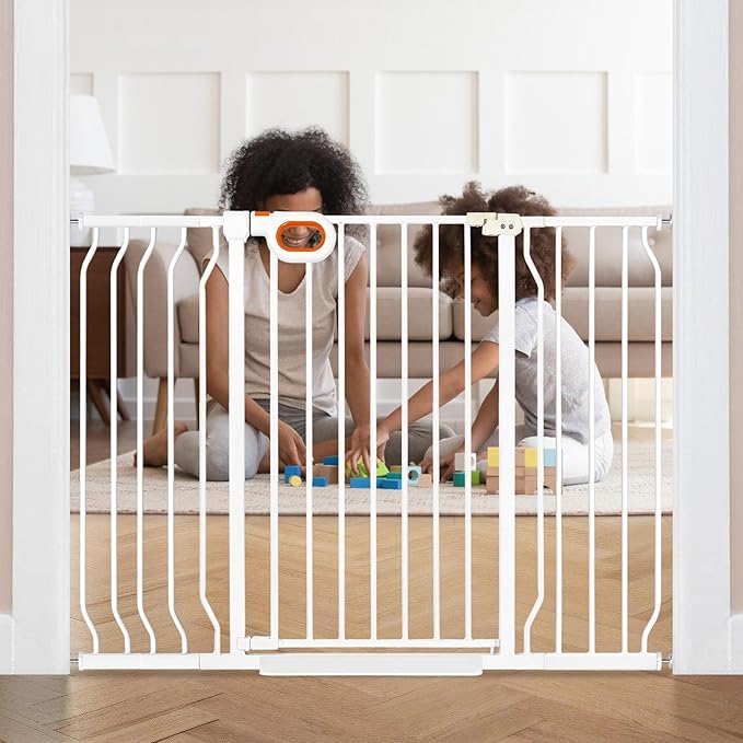 owlie 37.4" Extra Tall Wide Baby Gate for Stairs Doorways,29-52 Inch Extra Large Long Baby Gate with Door Indoor Safety Metal Pressure Mounted Pet Gate with Walk-Thru Auto Close, White
