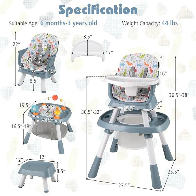 HONEY JOY 16-in-1 Baby High Chair, Convertible Highchair for Babies and Toddlers/Booster Seat/Activity Center with Toys, Building Block Table & Stool, Safety Harness, Removable Cushion & Tray (Blue)