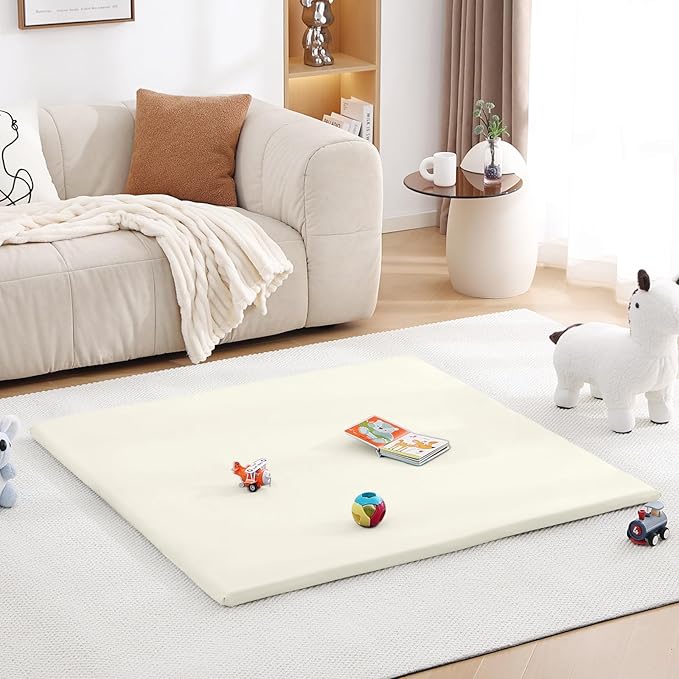 Baby Play Mat 48"x48" – Thick, Non-Slip Foam Mat for Babies and Toddlers. Foldable, Scrubbable, Odorless, and Soft, Ideal for Playpens, Crawling, and Indoor Playtime-Beige