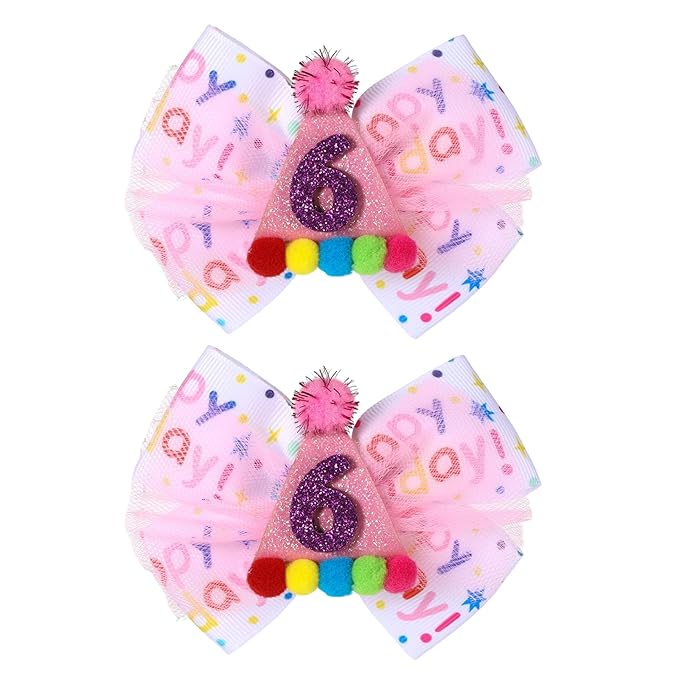 Birthday Hair Bow for Baby Girls 1 2 3 4 5 6 Year Old Sprinkle Hair Clips Happy Birthday Decorations for Girls Toddlers With Pom-Poms Ice Cream Candy Party Pink Hair Accessories for 6th Sweet Party