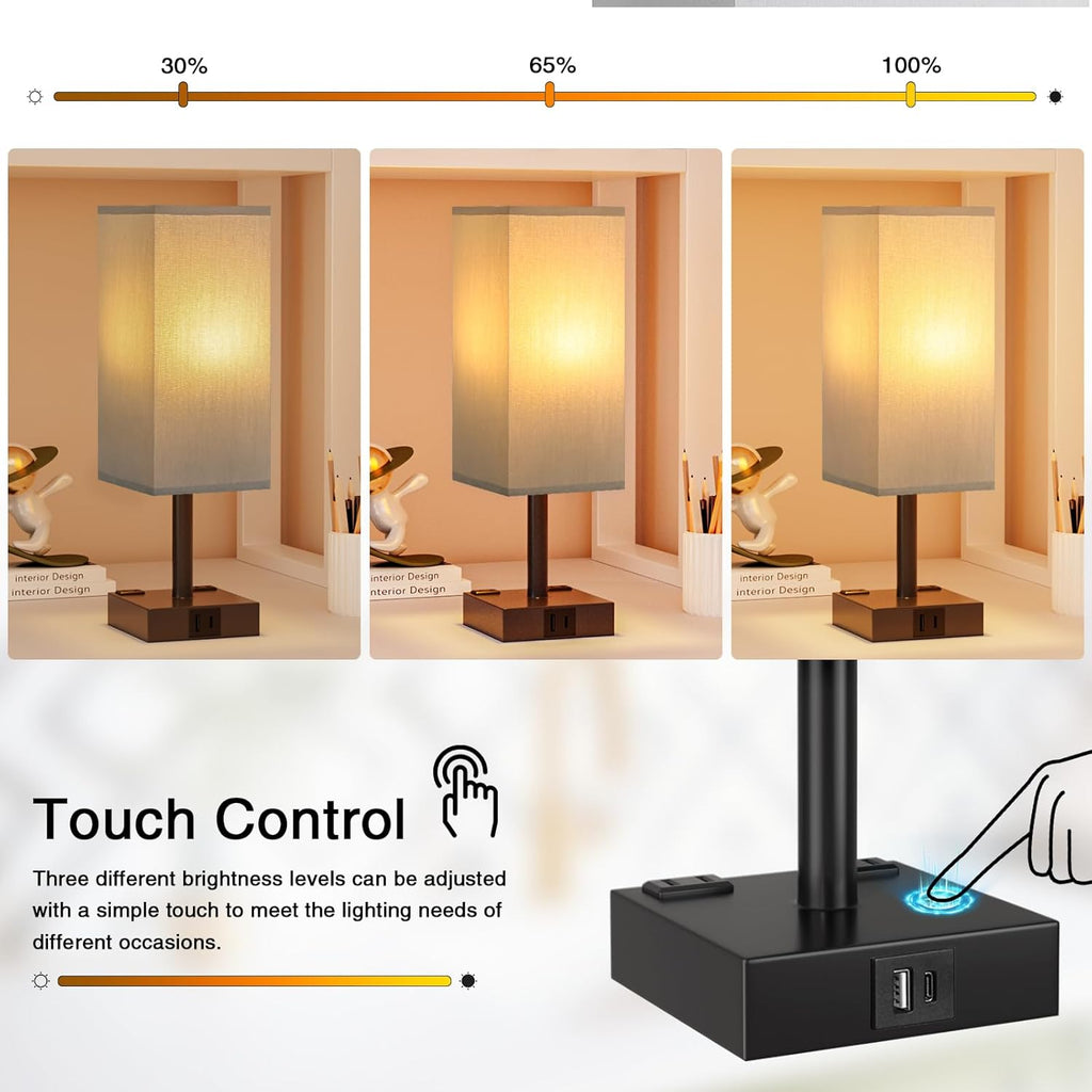 Touch Bedside Table Lamp For Nightstand - 3-Way Dimmable Night Lamp with USB A + Type C Charging Ports and two AC Outlets, Small Desk Light with E26 LED Bulb for Bedroom Living Room Office, Grey Black