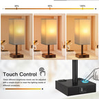 Touch Bedside Table Lamp For Nightstand - 3-Way Dimmable Night Lamp with USB A + Type C Charging Ports and two AC Outlets, Small Desk Light with E26 LED Bulb for Bedroom Living Room Office, Grey Black