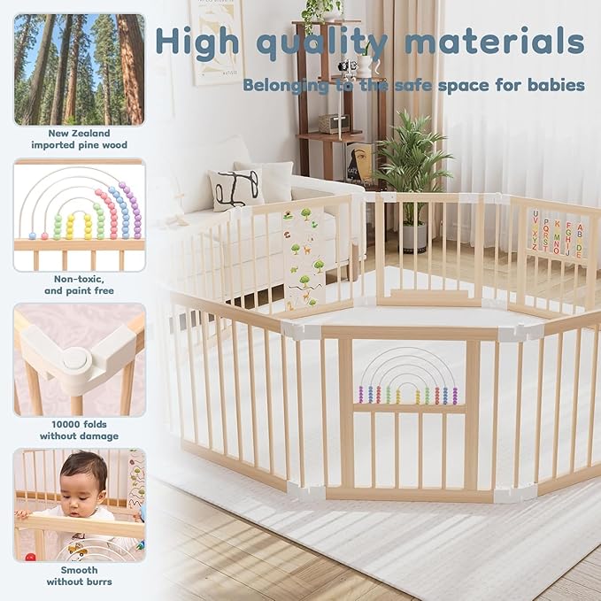Foldable Wooden Baby Playpen Activity Center,Adjustable Size & Shape Portable Play Yard, Baby Fence Play Area with Gate for Indoor Use for Babies and Toddlers(84x56x24inches)