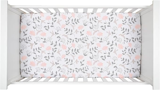 Lambs & Ivy Petals White/Pink/Gray Floral 100% Cotton Fitted Crib/Toddler Sheet