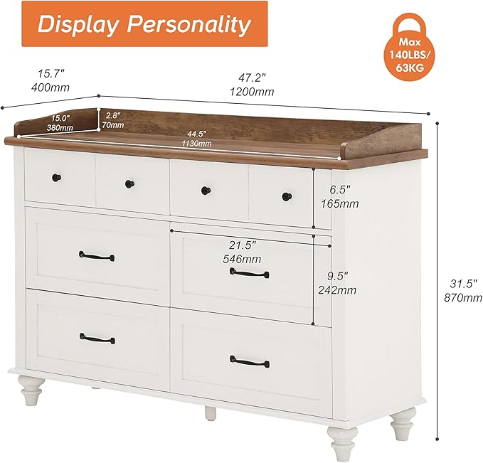 WAMPAT Dresser for Kids Bedroom with 6 Drawers, Mid Century Baby Dresser Wide Chest of Drawers with Storage Cabinet Organizer for Nursery, Living Room, Off White