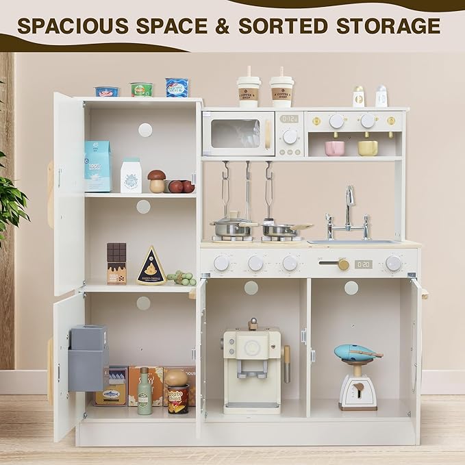 Wooden Kitchen Playset for Kids Toddler, Pretend Play Kitchen Set Toy for Girls and Boys, with Kitchen Accessories