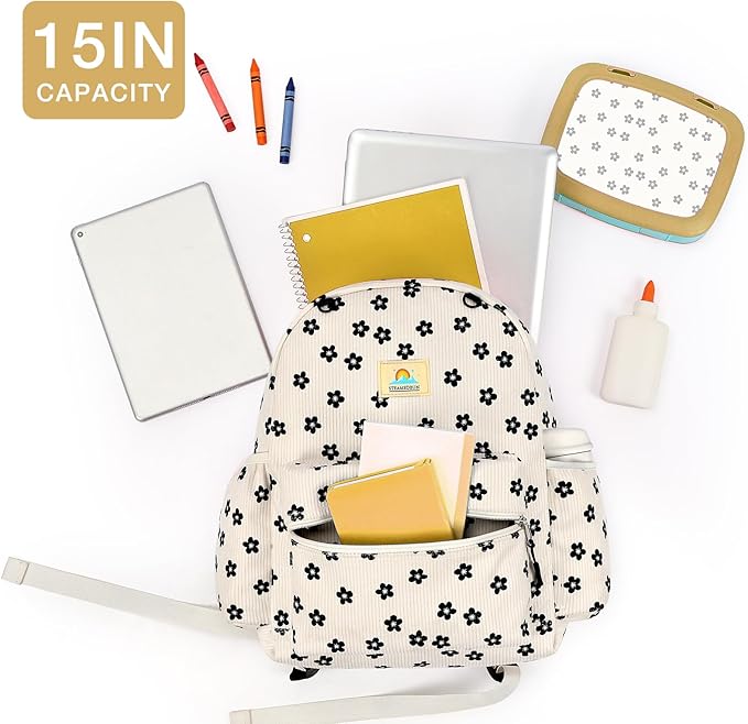 STEAMEDBUN Corduroy Kids Backpack for Girls and Boys 5-8: Girls Backpack for Elementary Kindergarten - 15 inch Cute Backpacks for Kids - Flower