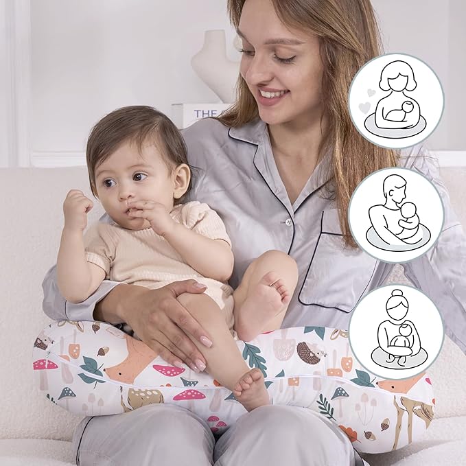 Little Grape Land Nursing Pillow, Breastfeeding Pillows, Baby Support Pillow for Nursing, Bottle Feeding, Tummy Time with Machine Washable Cover & Breathable Filling(Woodland Friends)