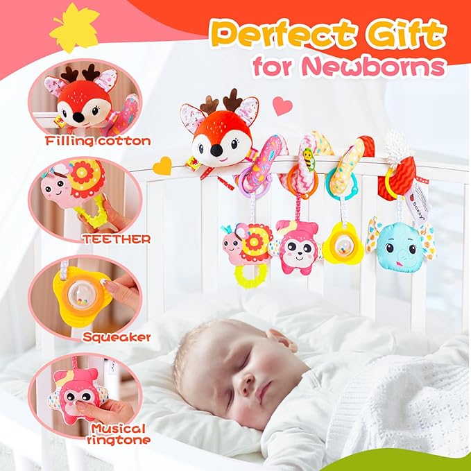 Car Seat Toys, Cute Deer Car Seat Toys for Babies 0-6 Months Boy, Stroller Toys with Crinkle, Teether, Music Box, Rattle, BB Squeaker for 0 3 6 9 12 Months Babies Infant Boys Girls Gifts (Cute Deer)