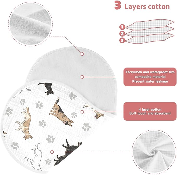 2 Pack Muslin Burp Cloths German Dogs Paw White Cotton Baby Burp Cloths Ultra Absorbent Soft Thick Burping Cloth for Newborn Babies 22x11 Inch