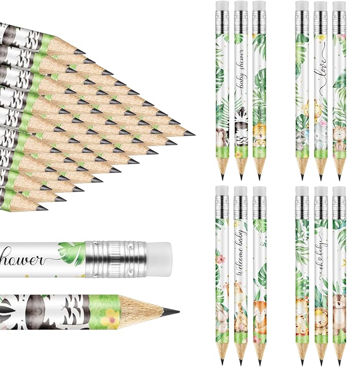 Tinlade 60 Pcs Jungle Animals Baby Shower Golf Pencils with Erasers Small Kids Sharpened Mini Pencils for School in Bloom Baby Shower Supplies