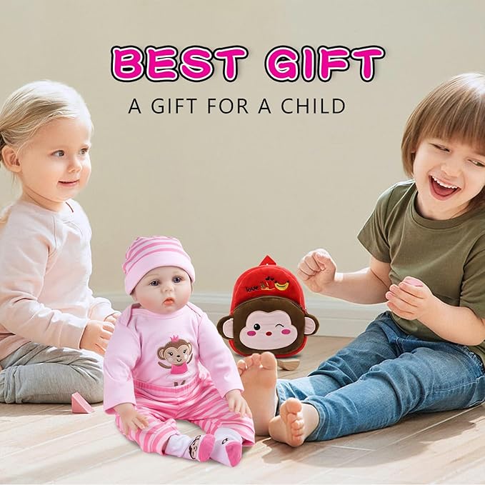 8 Pcs Reborn Baby Doll Clothes with Cute Monkey Backpack for 17-22 Inch Babydolls, Baby Doll Accessories and Clothes Outfit fit Newborn Girl
