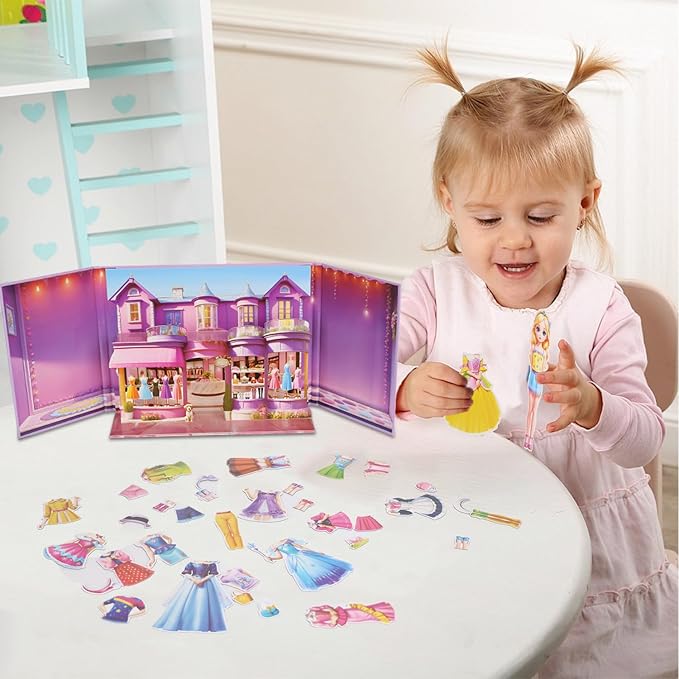 Magnetic Dress Up Dolls for Girls - Paper Doll Dress Up Game Stickers - 35 Piece Roleplay Magnetic Travel Playset, with 3D Store Wardrobe Game Scene, Paper Dolls for Girls Ages 4-7 (Amy)
