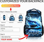 Shark Backpack for Kids Boys - 17 Inch Custom Backpacks with Name for Kindergarten Primary Elementary Senior Middle - Cool Durable Personalized Lightning Bookbag