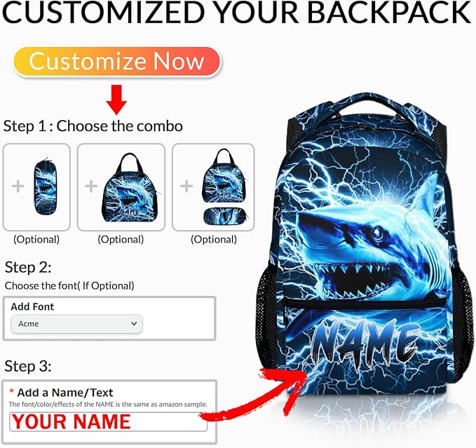 Shark Backpack for Kids Boys - 17 Inch Custom Backpacks with Name for Kindergarten Primary Elementary Senior Middle - Cool Durable Personalized Lightning Bookbag