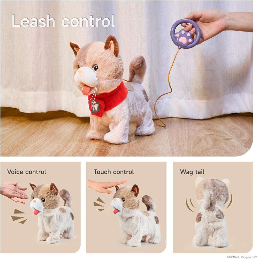 TUMAMA Toy Cat for Kids, Cute and Realistic Kitty Toy That Walks, Meows, Tongues Out and Wags Tail, Interactive Electronic Cat Plush Toy with Leash, Best Gift for Boys and Girls Ages 3 4 5 6 7