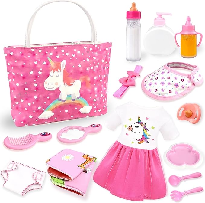 BNUZEIYI Baby Doll Accessories - Feeding and Caring Set With Diaper Bag, Bottles for Girls Toys Gift, Stuff Clothes Fit 14-16 Inch and 18 Inch Dolls