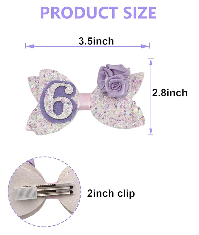 Sixth Birthday Hair Bow for Baby Girls 1 2 3 4 5 6 Years Sprinkle Decorations Party Hair Clip Accessories for Six 6th Birthday Glitter Purple Rose