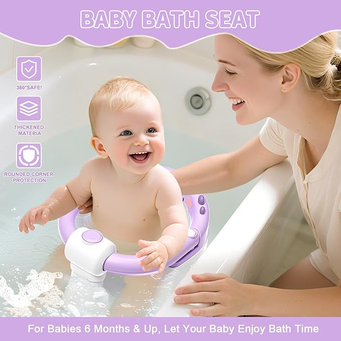 TPN Baby Bath Seat for Babies 6 Months & Up, Non-Slip Toddler Bath Seat with 5 PCS Waterproof Emoji Stickers, Portable Infant Bath Seat for Baby(Lavender)