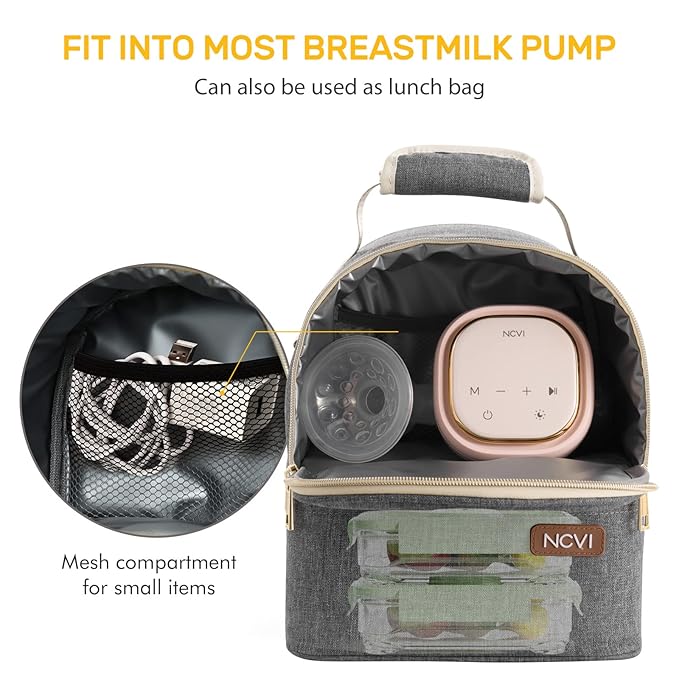 NCVI Breastmilk Cooler Bag with 2 Ice Pack, Breast Pump Bag with Cooler Fits 6 Bottles, Double Layer Breast Milk Baby Bottle Cooler Bag, for Travel, Nursing Mom Daycare, Work, Picnic (Grey)