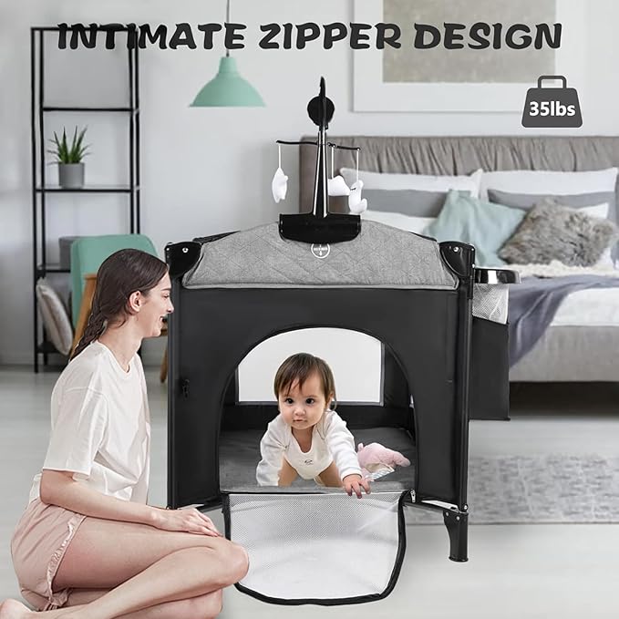 Kinder King 4 in 1 Portable Baby Playard, Foldable Baby Bedside Crib w/Bassinet, Infant Pack and Play Playard Toddler Large Playpen, Newborn Changing Table, Storage Basket, Grey