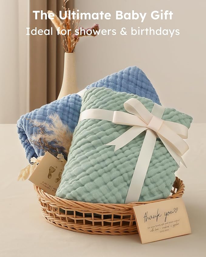 Yoofoss Hooded Baby Towels for Newborn 2 Pack 100% Muslin Organic Cotton Baby Bath Towel with Hood for Babies, Infant, Toddler and Kids, 37.5"x37.5", Soft and Absorbent Newborn Essential,Blue&Green