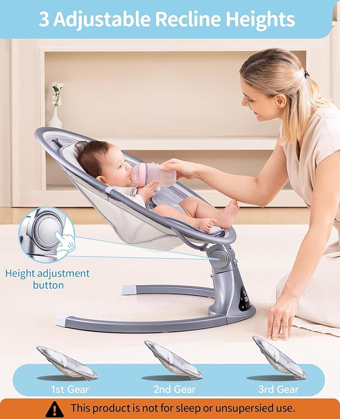 LAREX Baby Swing to Toddler Electric Infant Swing Portable for Newborn Boy Girl, 5 Sway Speeds with Remote Control, 12 Preset Melodies and Bluetooth, 0-6 Months Max 20 Lbs (2024 Model-Sliver)