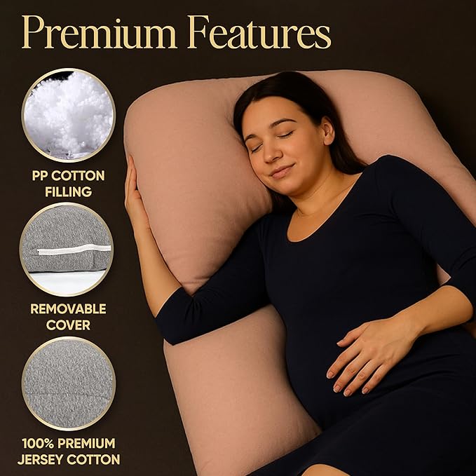 U-Shaped Pregnancy Pillow – 100% Cotton Cover, Full Body Maternity Support for Belly, Back and Legs – Bonus Eye Mask and Gift Box (Light Pink)