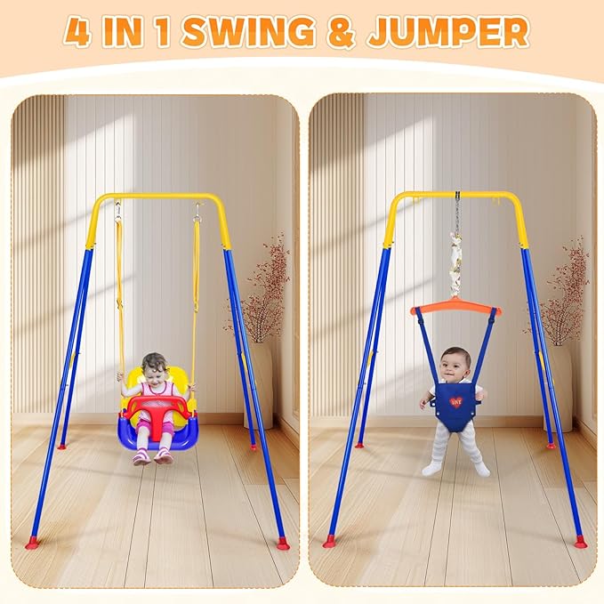 4-in-1 Toddler Swing Set & Baby Jumper and Bouncer for Toddlers, Foldable Baby Swing Stand for Outdoor Indoor Play, Easy to Assemble and Store for Ages 6 Months to 10 Years Old (Blue)