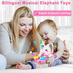 Baby Elephant Musical Stuffed Animals Toy with Light-Up Music & Crinkle Sound Paper,Infant Bilingual Early Learning Education Toys,Tummy Time Toys for 0-3-6-12+ Months Boy Girl, Pink