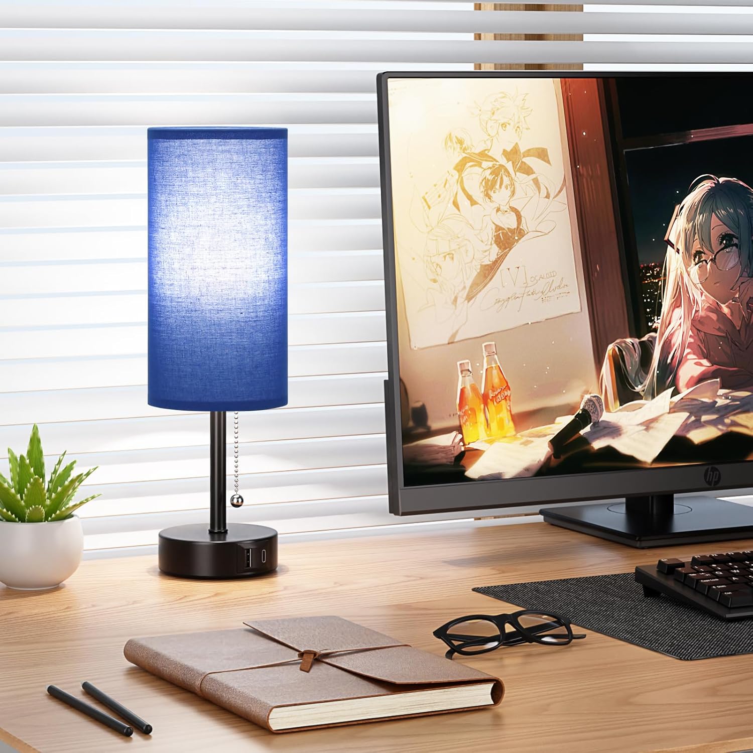 Blue Table Bedside Lamp for Bedroom Nightstand - Small Lamp with USB A + C Charging Port, 3 Color Temperatures Pull Chain Night Stand Light with Bulb, Side Table Desk Reading Lamp for Living Room