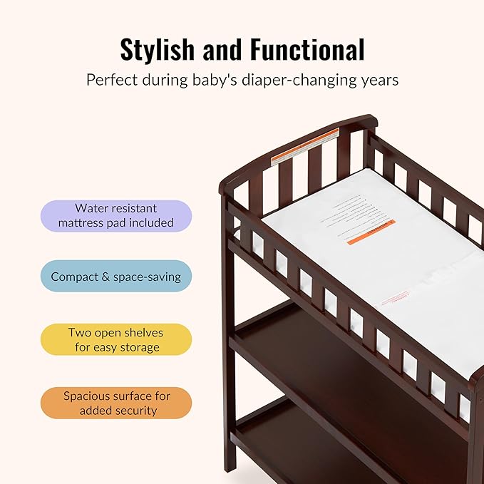 Dream On Me Emily Changing Table, Compact and Portable, Solid New Zealand Pinewood, Safety Rails, Two Storage Shelves, Includes Water-Resistant 1" Changing Pad — Espresso