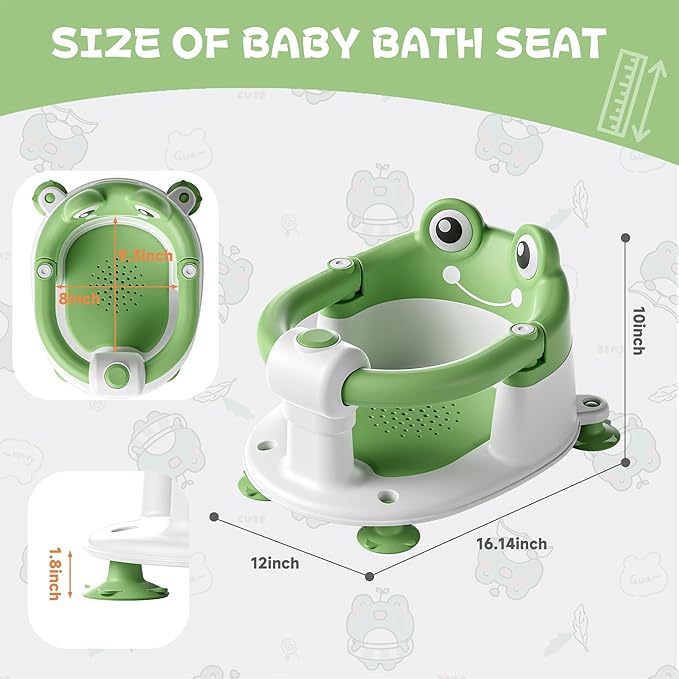 Baby Bath Seat for Babies 6 Months & Up - Toddler Bath Seats for Baby Sitting Up with 4 Suction Cups & Soft Cushion, Non-Slip Infants Shower Bathtub Chair for Newborn Boys Girls, Green