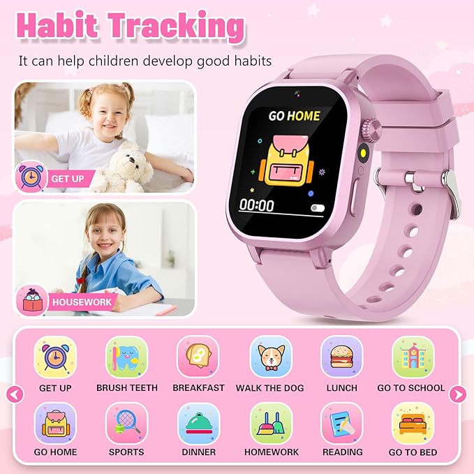 Kids Waterproof Smart Watch Girls Gift Age 3-12 with 39 Game HD Touch Screen Music Player Video Camera Pedometer Alarm Clock Birthday Gift for 6 7 8 9 Year Olds Pink