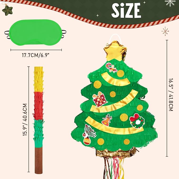 Wernsai Christmas Piata Large Pull String with Blindfold Bat - Cute Tree Design for Christmas Party Games - Green, 16.5' x 12.4'