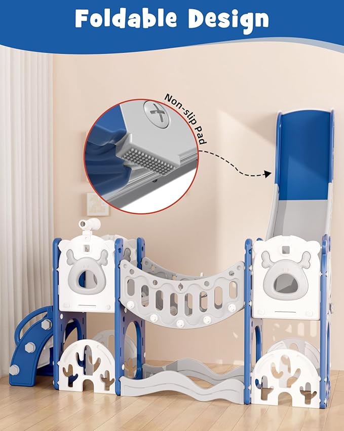 YUFU Toddler Slide Set, 11 in 1 Kids Slide for Toddlers 1-3, Toddler Playset with Climbing Bridge, Golf Set, Basketball Hoop, Indoor Outdoor Playground (Blue)