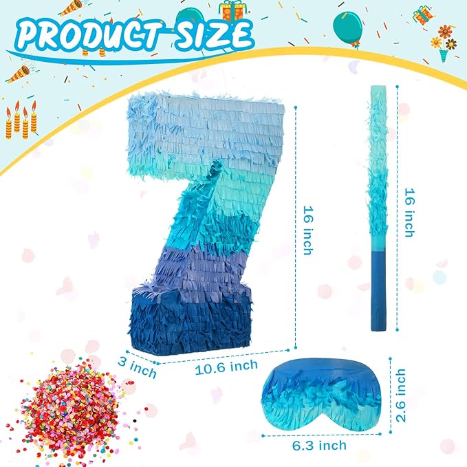 Sratte Number 1 2 3 4 5 6 7 8 9 Piñata with Stick Blindfold Confetti, Gradient Blue Piñata for Kids Boys Girls Birthday Party Anniversary Decorations Supplies(Number 7)