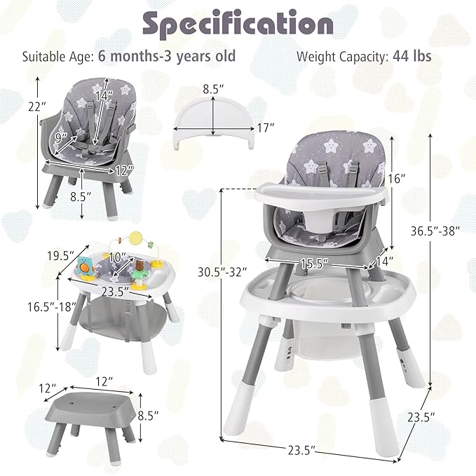 HONEY JOY 16-in-1 Baby High Chair, Convertible Highchair for Babies and Toddlers/Booster Seat/Activity Center with Toys, Building Block Table & Stool, Safety Harness, Removable Cushion & Tray (Gray)