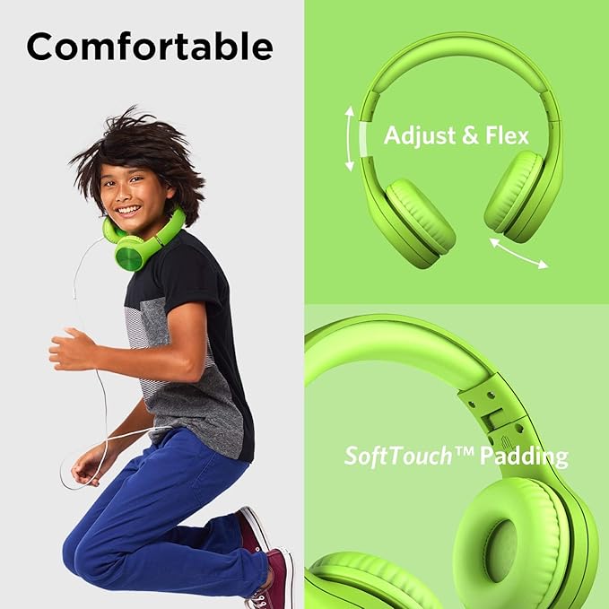 LilGadgets Connect+ Pro Wired Kids Headphones for School w/Microphone, Volume Limiting & Noise Reduction Over-Ear Headset w/Cord, SharePort Technology & SoftTouch Padding, Green Headphones for Kids