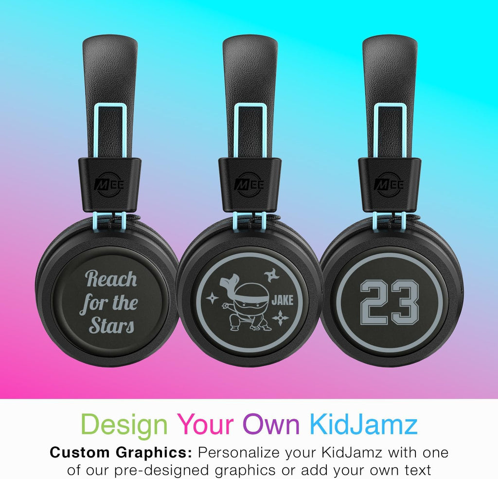 MEE audio KidJamz KJ55BT Personalized Bluetooth Wireless Safe Listening Headphones for Kids w/Custom LED-Backlit Design, Volume Limiter, Microphone; Kids Headset for School/iPhone/iPad/Tablet (Black)