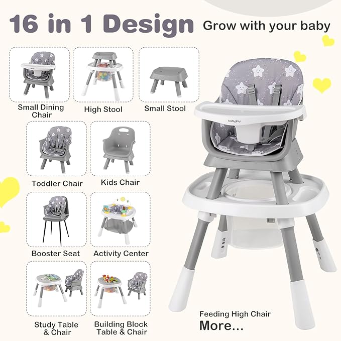 BABY JOY 16 in 1 High Chair, Convertible Baby Highchair for Babies and Toddlers with Activity Center, Booster Seat, Building Block Table, Toddler Chair with Safety Harness, Removable Tray (Gray)