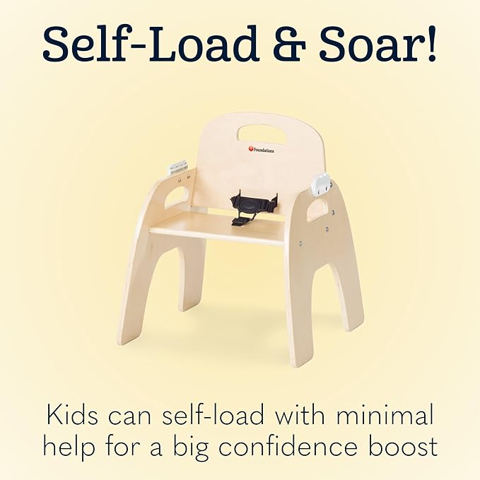 Foundations Easy Serve Low Wood Feeding Chairs Multipack, Adjustable Harness, Removable Dishwasher Safe Tray, No-Tip Base, Stackable Toddler Chairs, 2 Pack (7 inch)