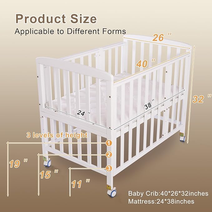 Baby Bassinets Bedside Sleeper - Portable Pine Wood Bedside Bassinet with Mattress,3 Heights Small Mini Crib,Baby Crib for Newborns,White